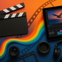 Videography tools including a clapperboard, camera lenses, headphones, and a video editing screen, representing intentional video production and visual storytelling.