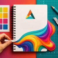 Designer’s notebook with a colorful flowing design, color swatches, and creative tools, representing intentional brand design and visual identity development.