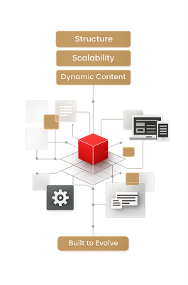 Diagram illustrating a structured website system with connected content elements designed to scale and adapt over time.