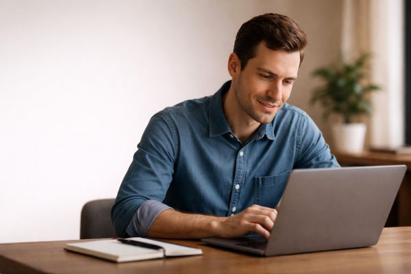 Business professional thoughtfully reviewing a website on a laptop, representing the user experience for site owners.