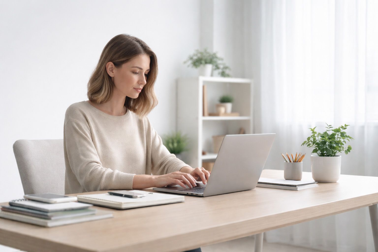 A professional working calmly at a laptop in a clean, minimal workspace with natural light and an organized desk.