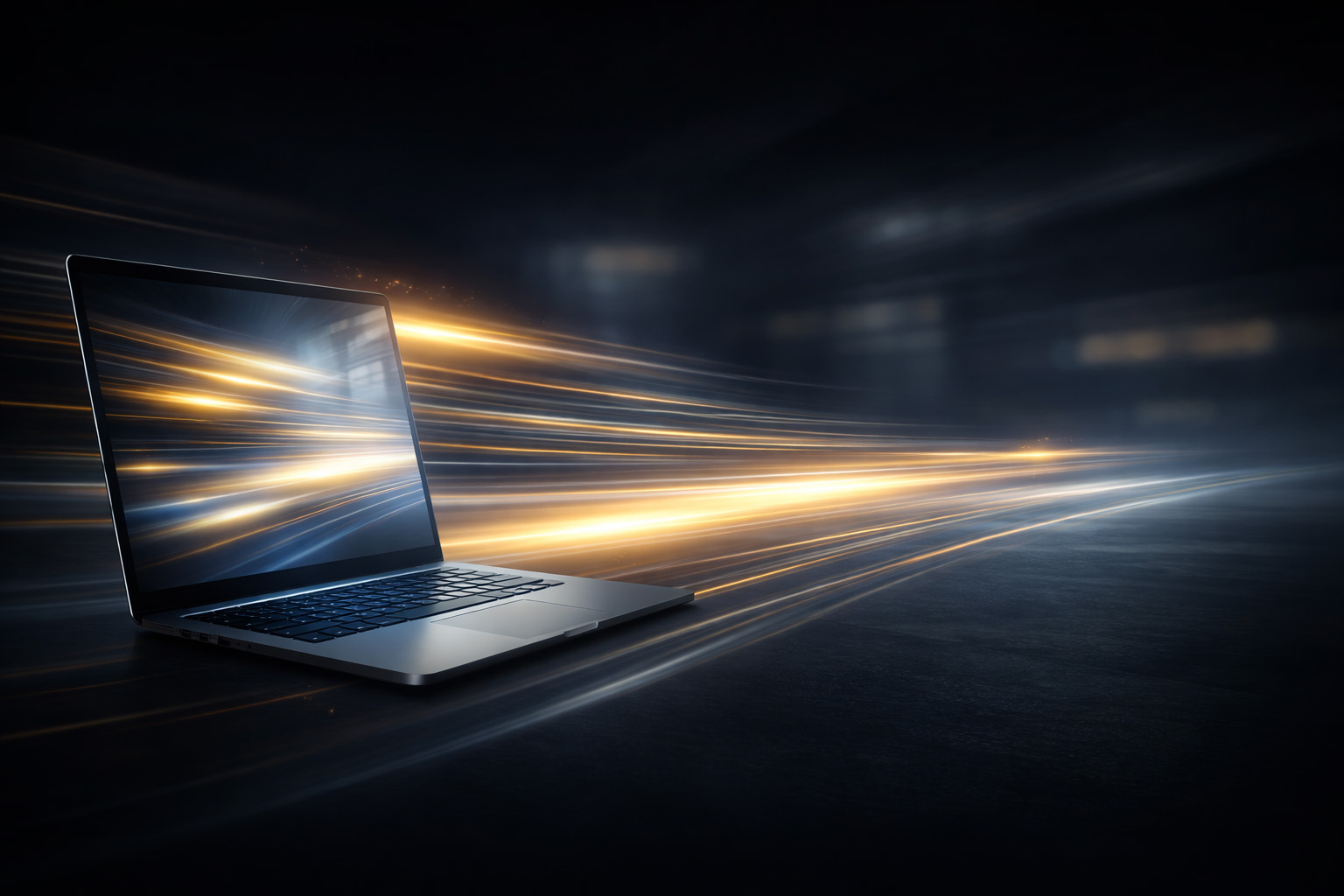 Laptop surrounded by flowing light trails representing fast website performance and efficient digital processing.