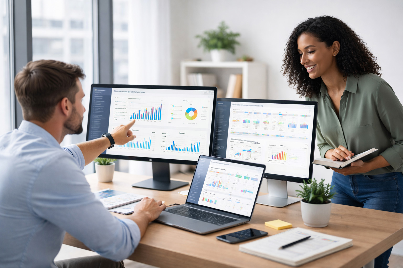 Two professionals reviewing social media performance dashboards together in a modern workspace, discussing strategy and growth across multiple screens.