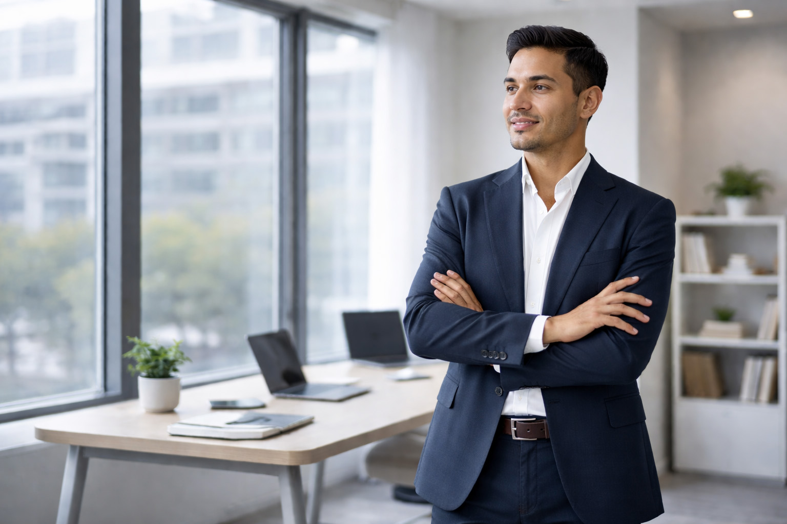 A confident business leader standing in a modern office with arms crossed, representing established brand leadership and long-term strategy.