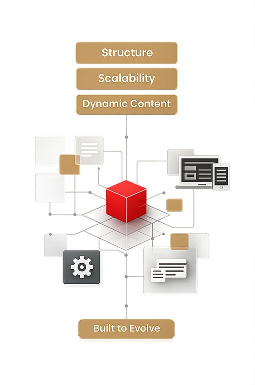 Diagram illustrating a structured website system with connected content elements designed to scale and adapt over time.