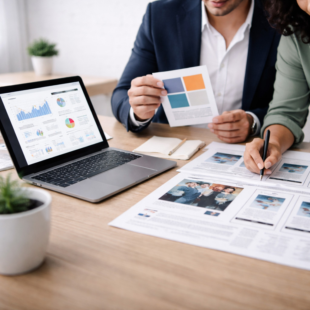 Professional reviewing brand visuals and content strategy with reports, color samples, and analytics on a laptop.